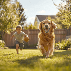 Willkommen bei Lucky Heaven Ranch, unserer Hunde Zucht - glücklicher Golden Retriever mit Kind im Garten.
