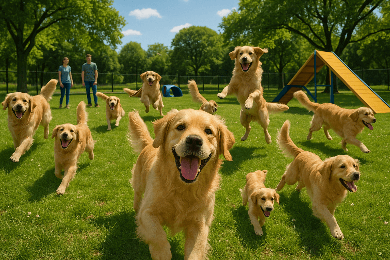 Hundepark : Wir haben einen traum - Eine Gruppe fröhlicher Golden Retriever spielt im Hundepark.