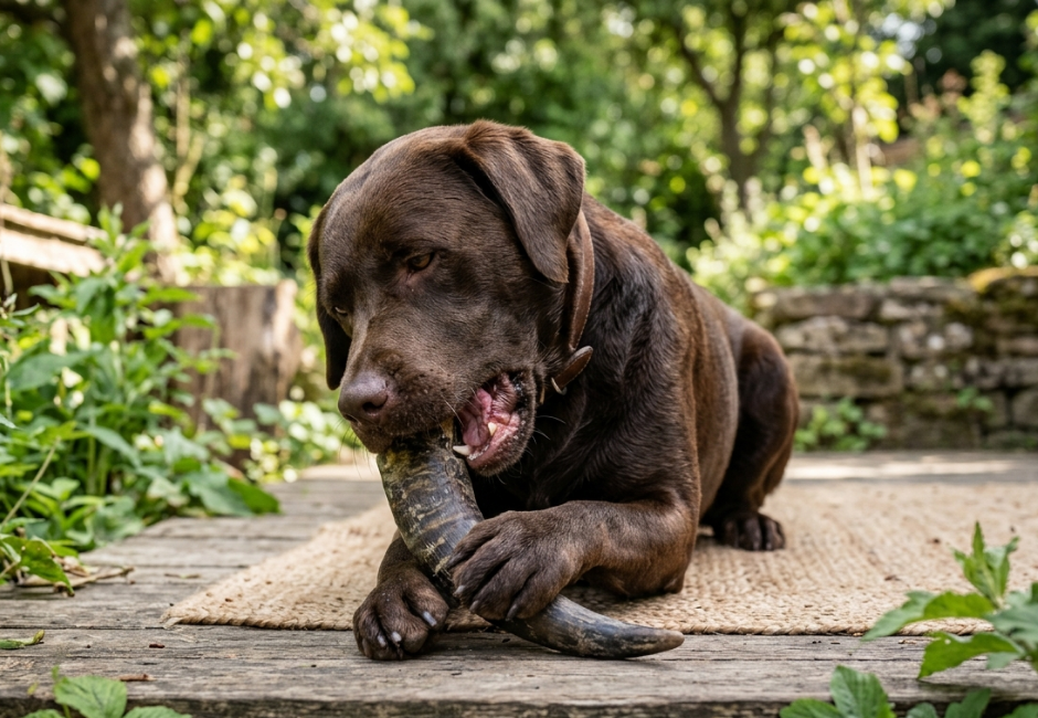 Hund kaute auf einem Kauartikel im Freien, umgeben von Pflanzen auf einem Holzdeck.