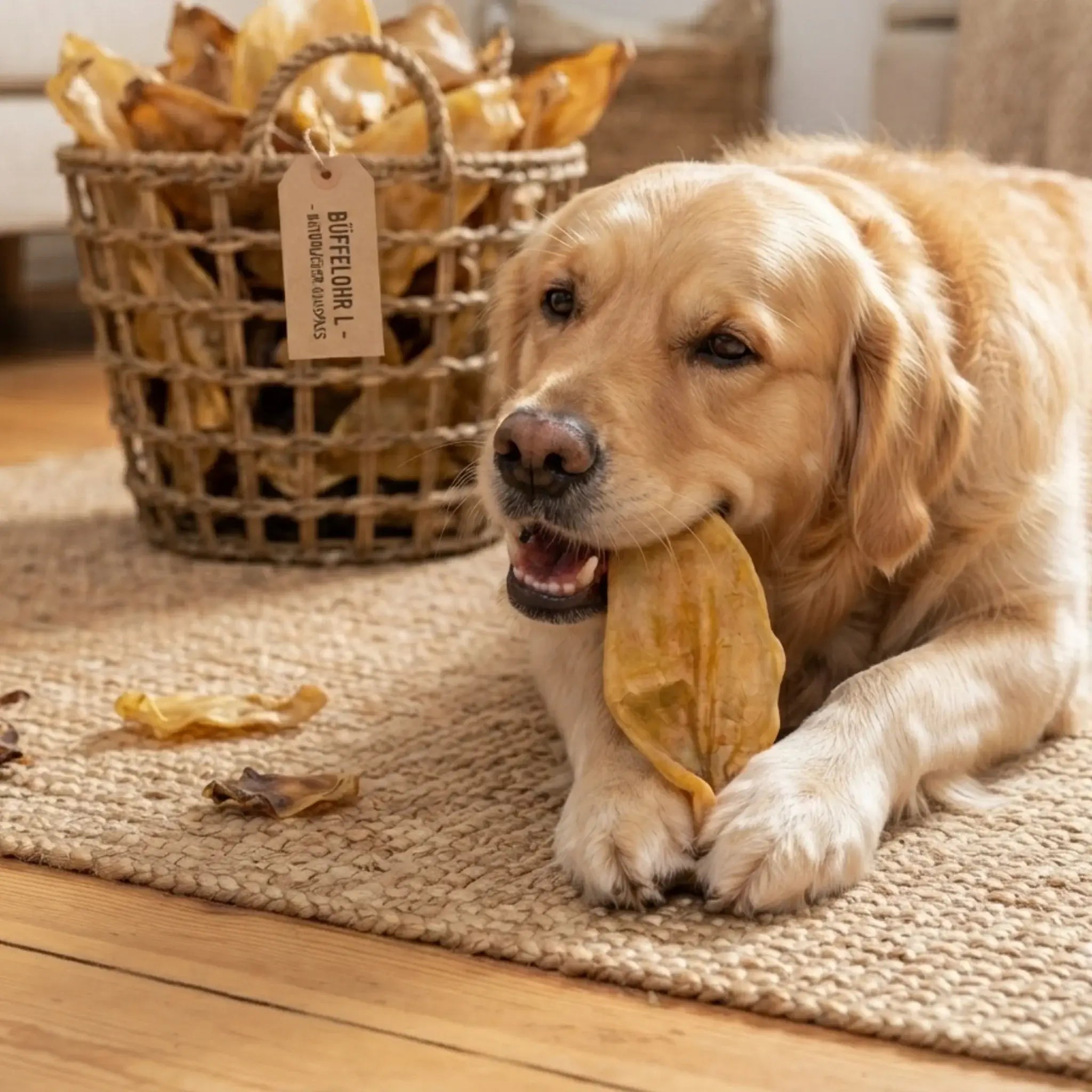 Golden retriever enjoying a natural horse hide chew, promoting dental care and stress relief for dogs.