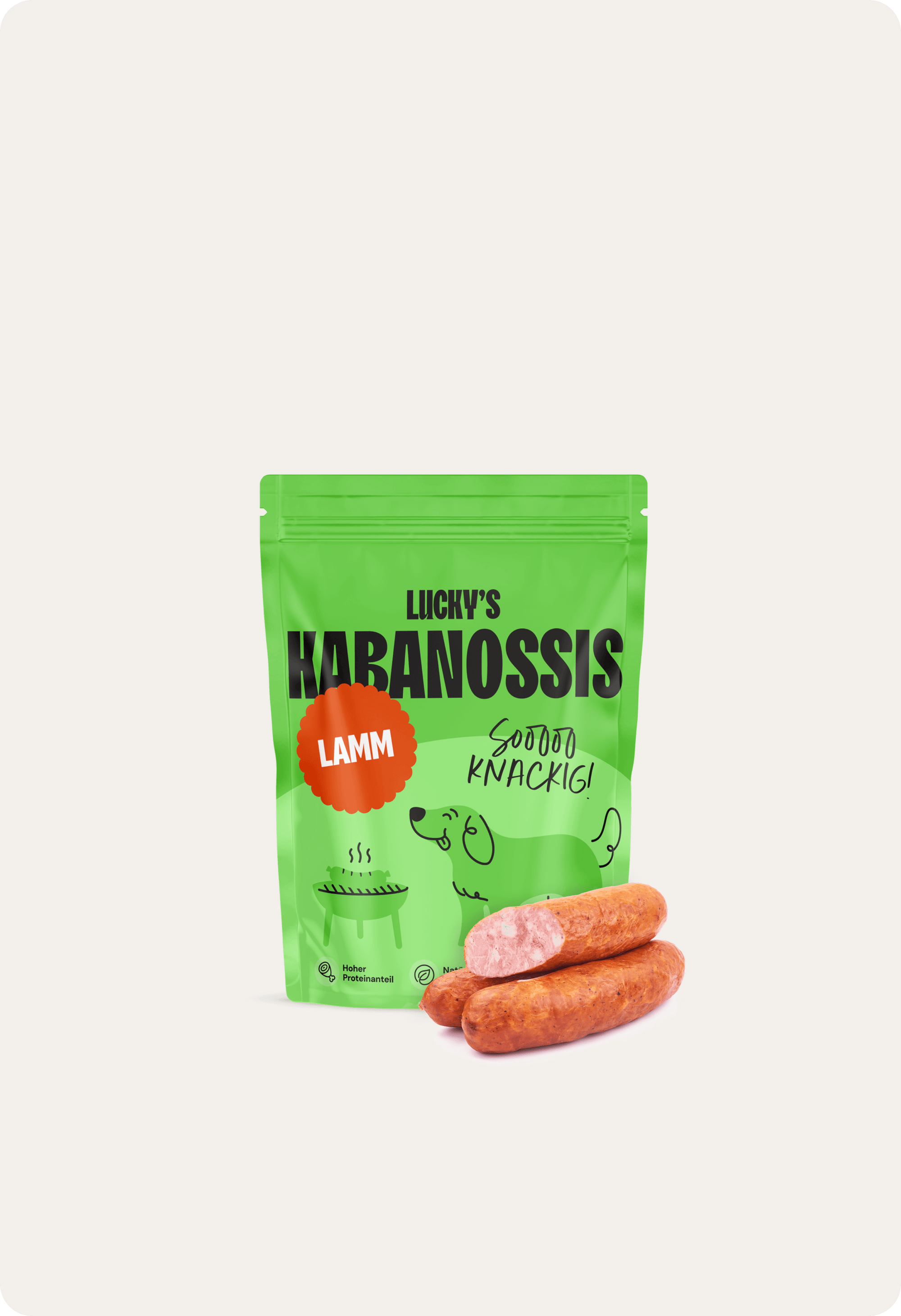 Lucky´s Kabanossi für Hunde, davor liegen 3 Kabanossi