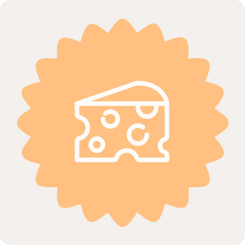 Käse Kauartikel für Hunde – Käse-Snack-Symbol auf orangefarbigem Hintergrund.
