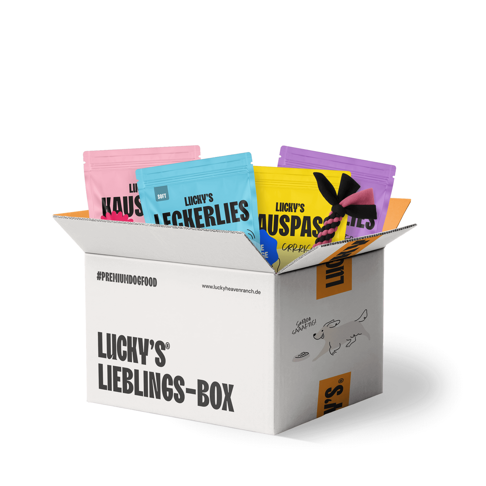Licky's Lieblings-Box mit besten Kauartikeln für Hunde und Leckerli.