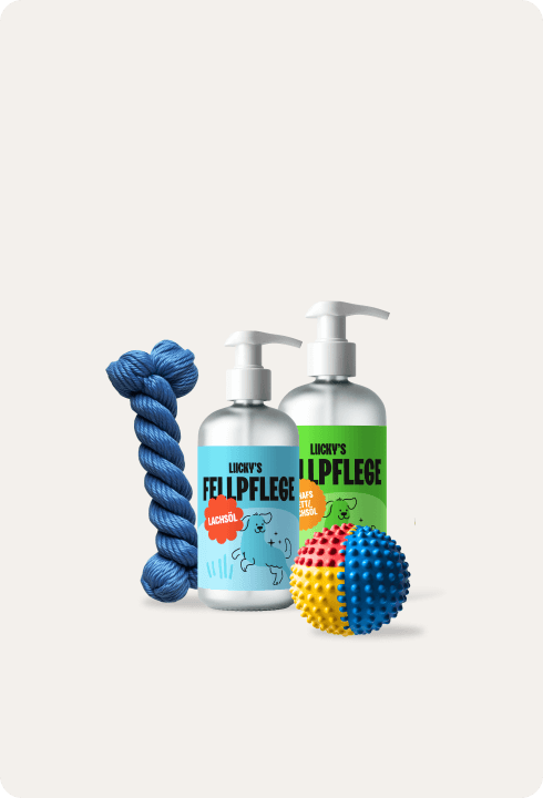 Zubehör für Hunde: Pflegeprodukte und Spielzeug von Lucky Heaven Ranch.