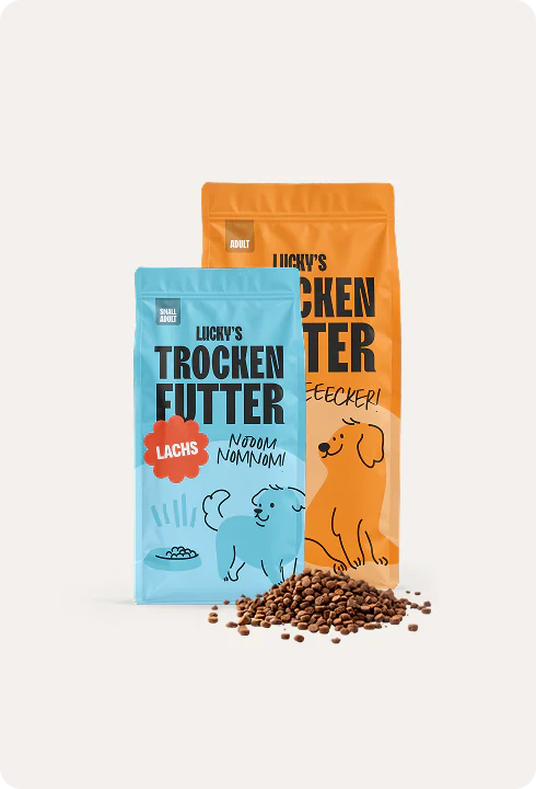 Licky's Trockenfutter Huhn für Hunde in einer orangefarbenen Verpackung mit Futterstückchen.