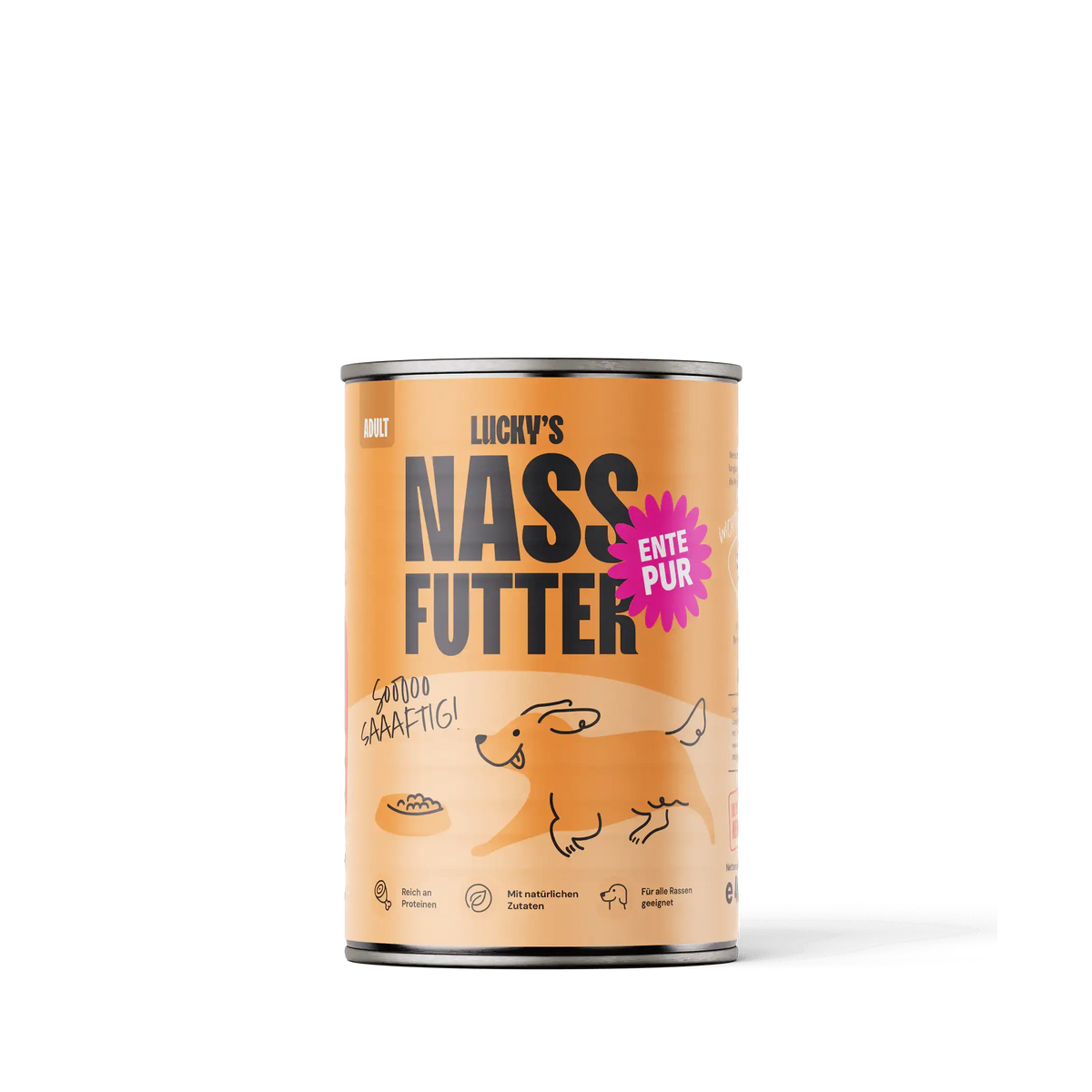 Bestes Nassfutter Hund, Ente Pur in einer Dose von LUCKYS Heaven Ranch, ideal für die gesunde Ernährung Ihres Hundes.
