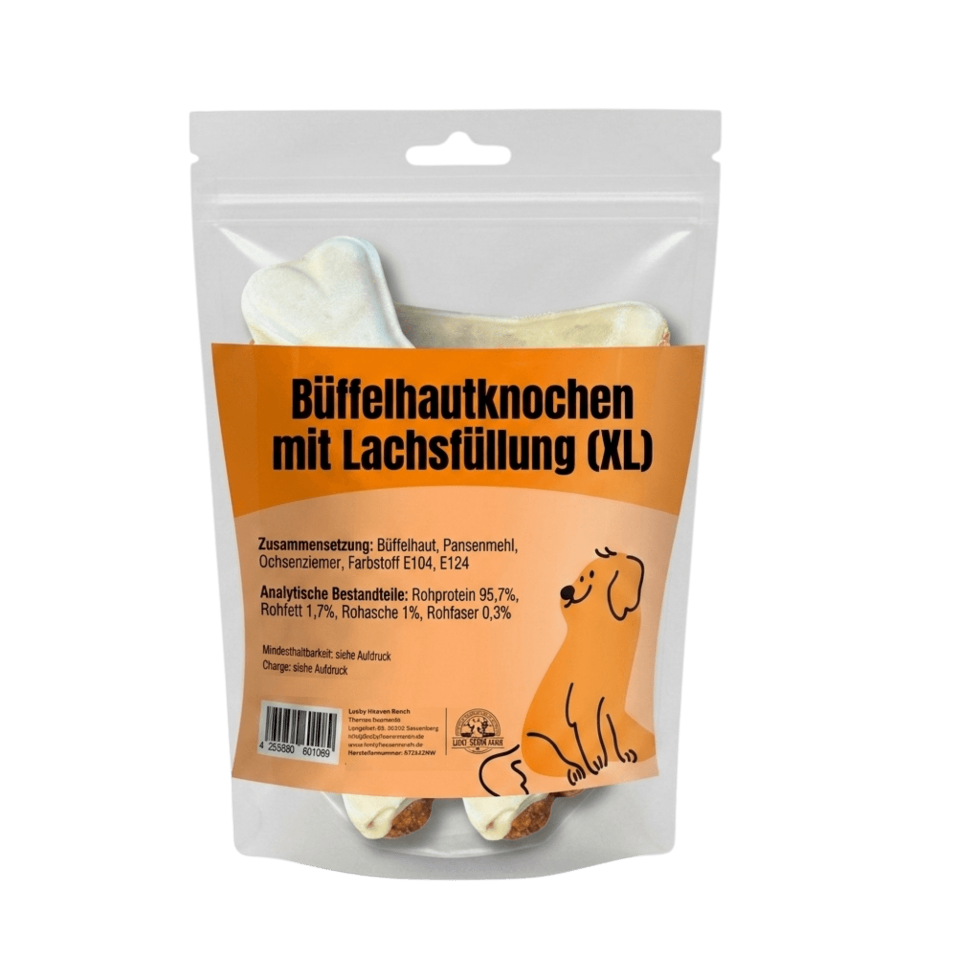Kauknochen Bueffelhaut mit Lachsfuellung Produktverpackung