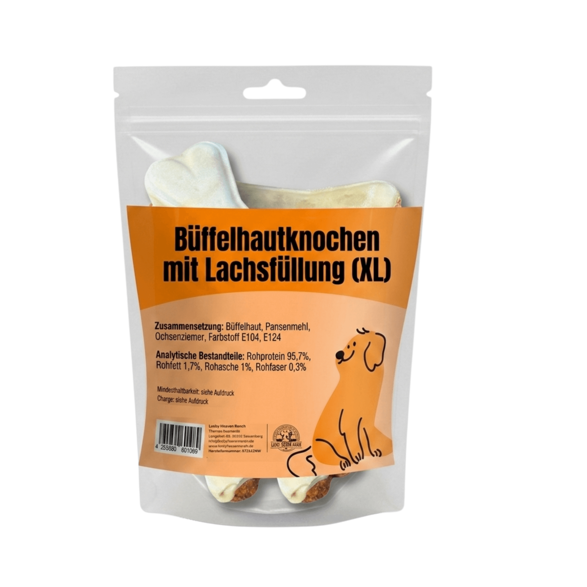 Kauknochen Bueffelhaut mit Lachsfuellung Produktverpackung