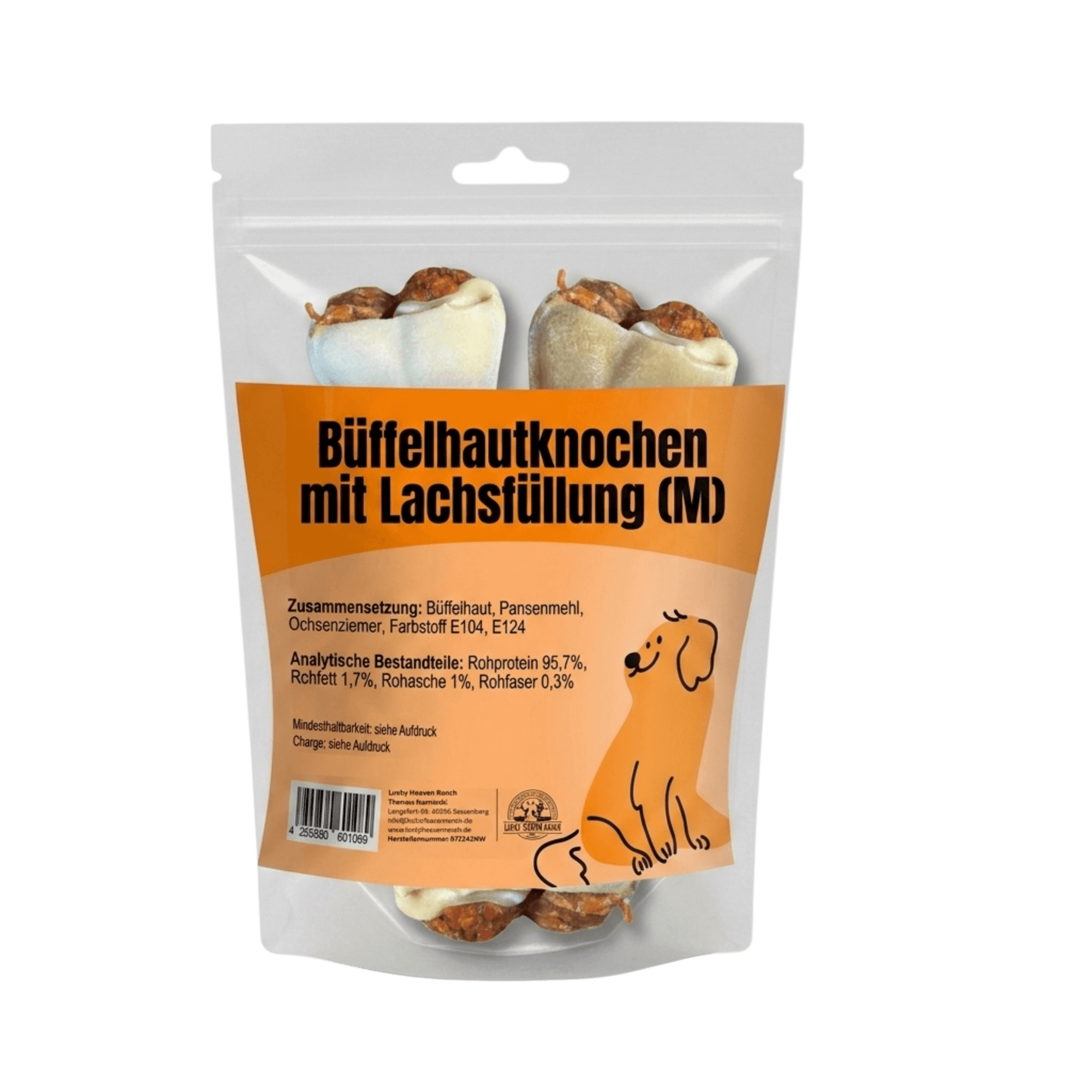 Kauartikel Bueffelhautknochen M mit Lachsfüllung für Hunde
