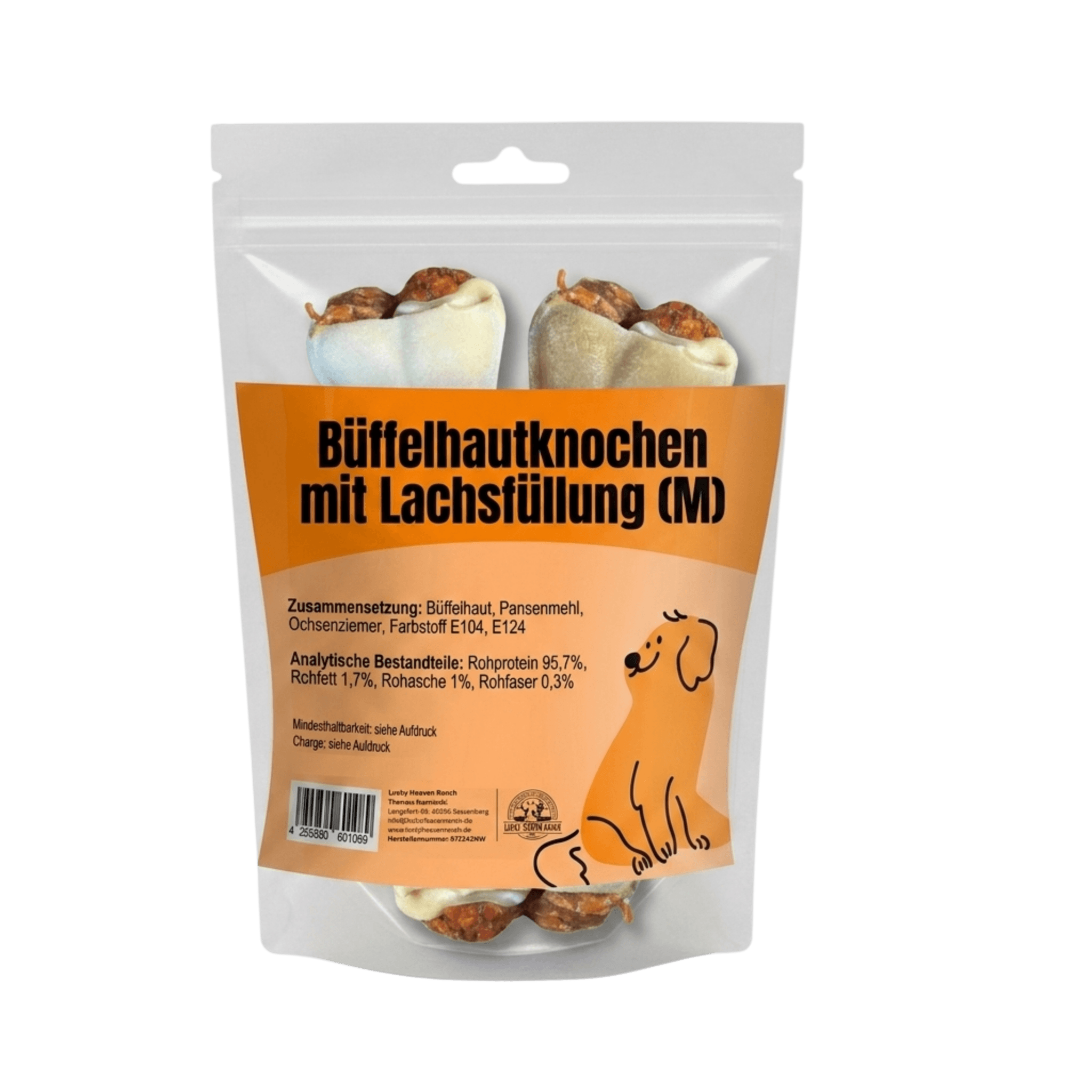 Kauartikel Bueffelhautknochen M mit Lachsfüllung für Hunde
