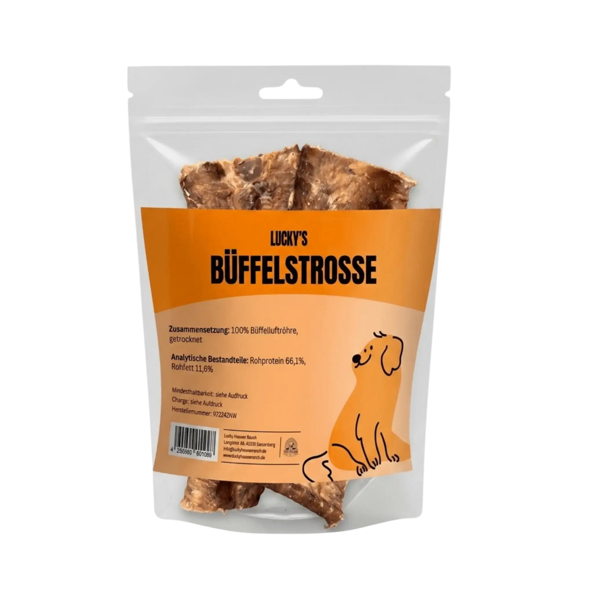 Büffelstrosse-natürlicher-Kauartikel-Hund-Produktverpackung Firma Lucky Heaven Ranch 