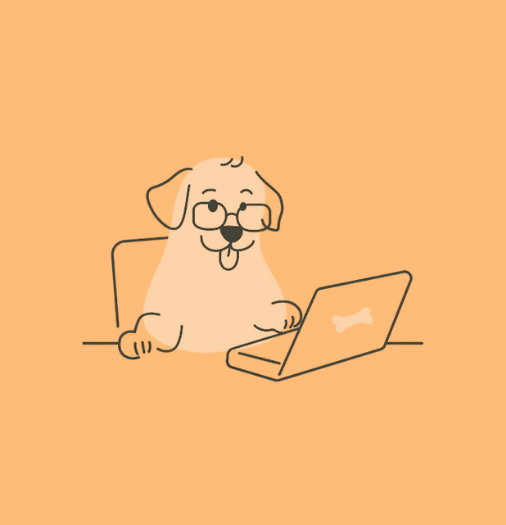 Ein lustiger Hund mit Brille arbeitet am Laptop, repräsentiert Lucky Heaven Ranch für Hunde.