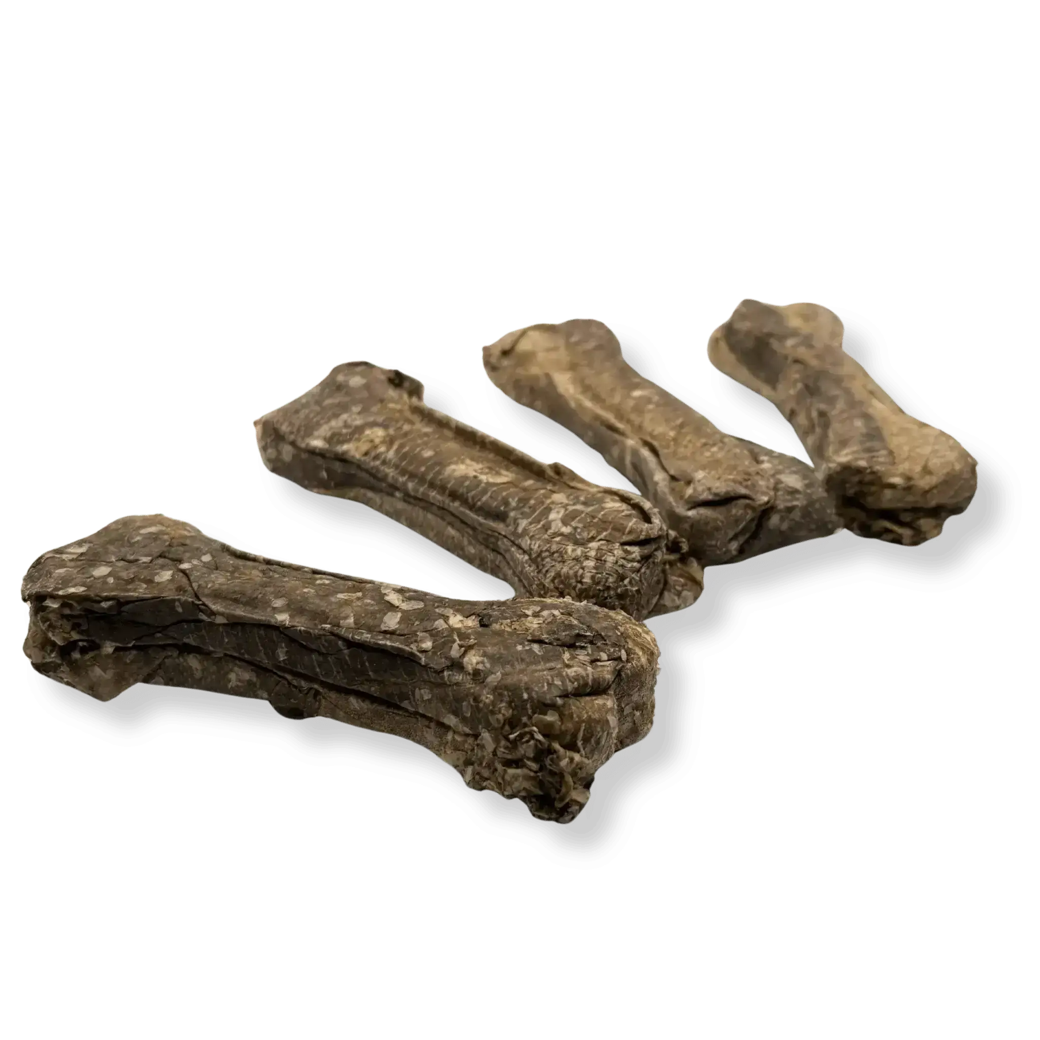 Vier Dorschhaut Kauknochen (12 cm) als natürlicher Kauspaß für Hunde.