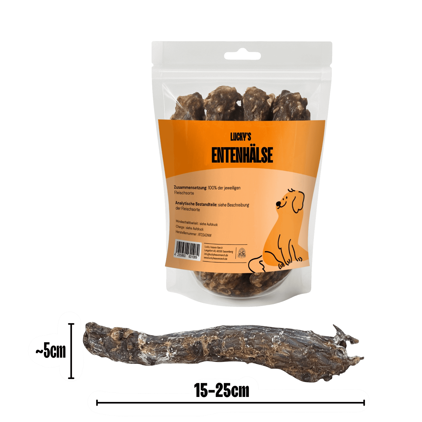 Entenhals in Original Verpackung und Abmessungen eines Entenhalses 