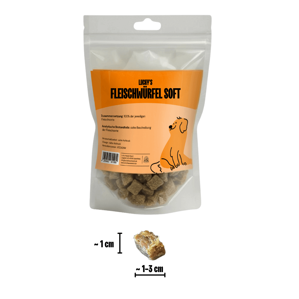 Fleischwürfel Soft Ente mit Größenangabe in Originalverpackung – Hundesnack