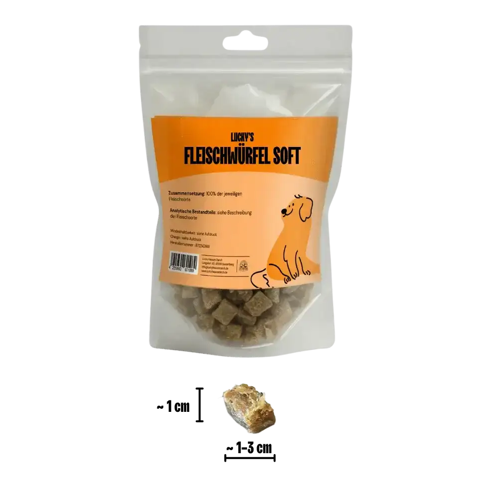 Fleischwürfel Soft Ente mit Größenangabe in Originalverpackung – Hundesnack