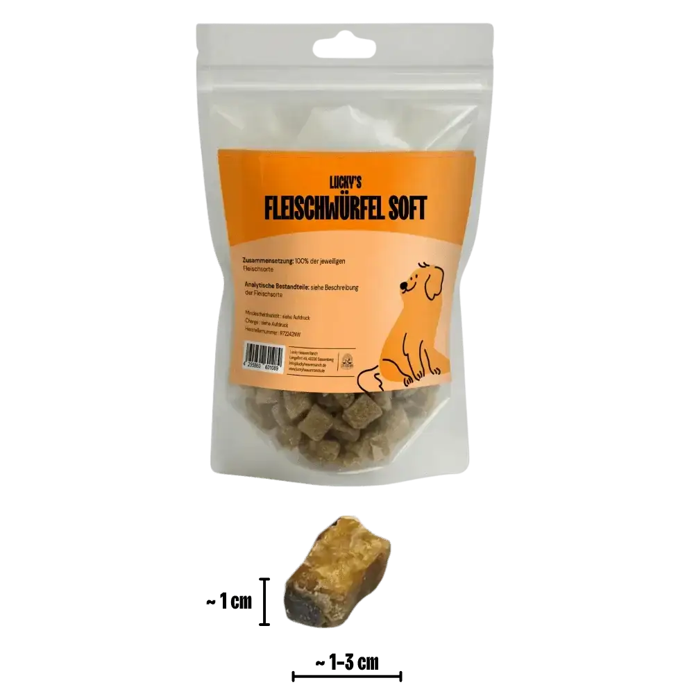 Fleischwürfel Soft Huhn mit Größenangabe in Originalverpackung – Hundesnack