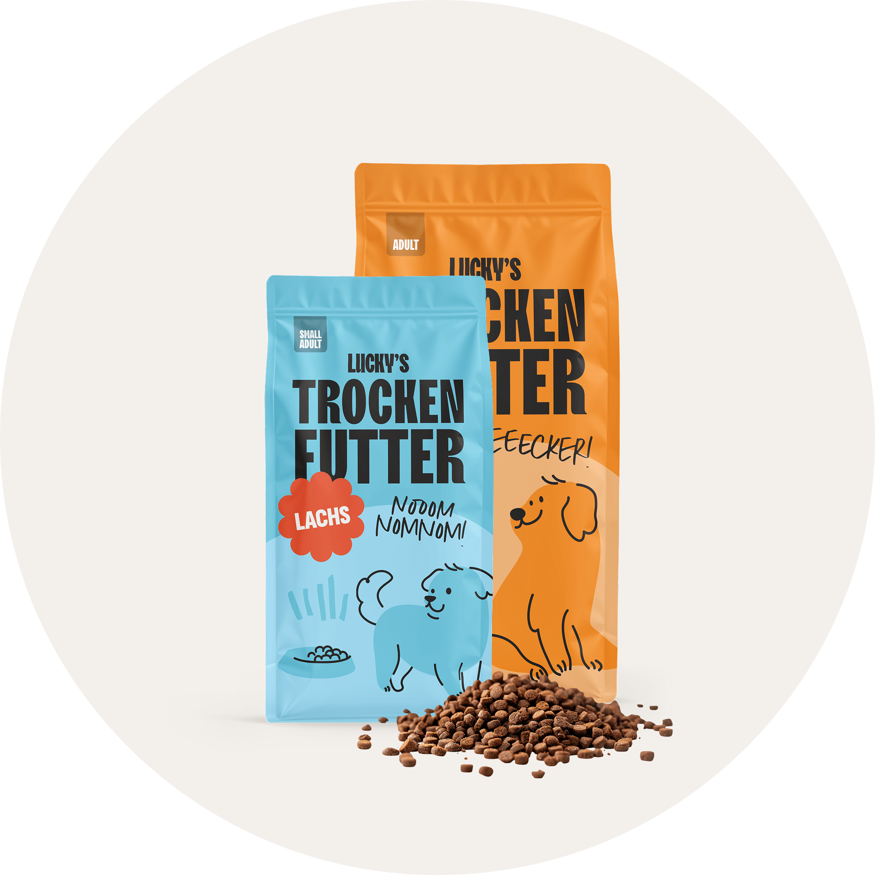 Zwei Packungen von Lucky's Trockenfutter mit Lachs und Snacks für Hunde, ideal für Kauartikel und Leckerlis.