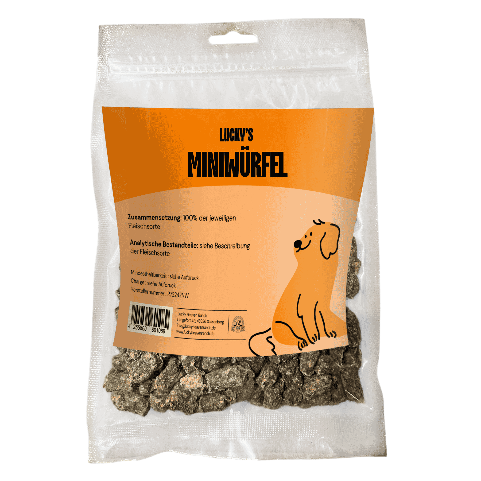 Hirschfleisch Miniwürfel Produktverpackung Hunde-Leckerli