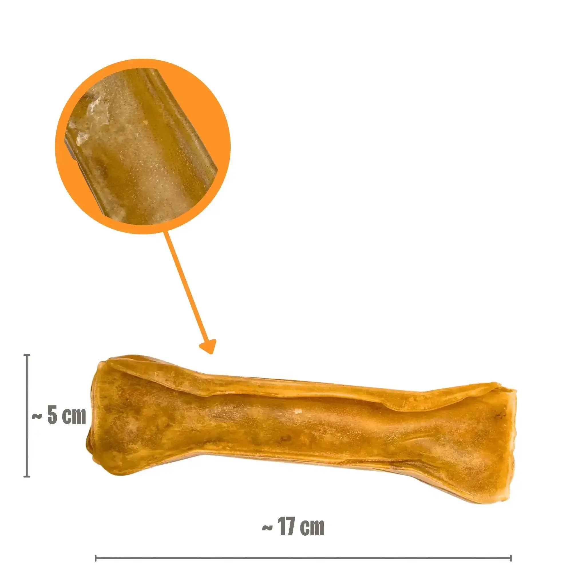 Hirschhautknochen 17cm – Nahaufnahme und Grössenvergleich eines einzelnen Kausnacks