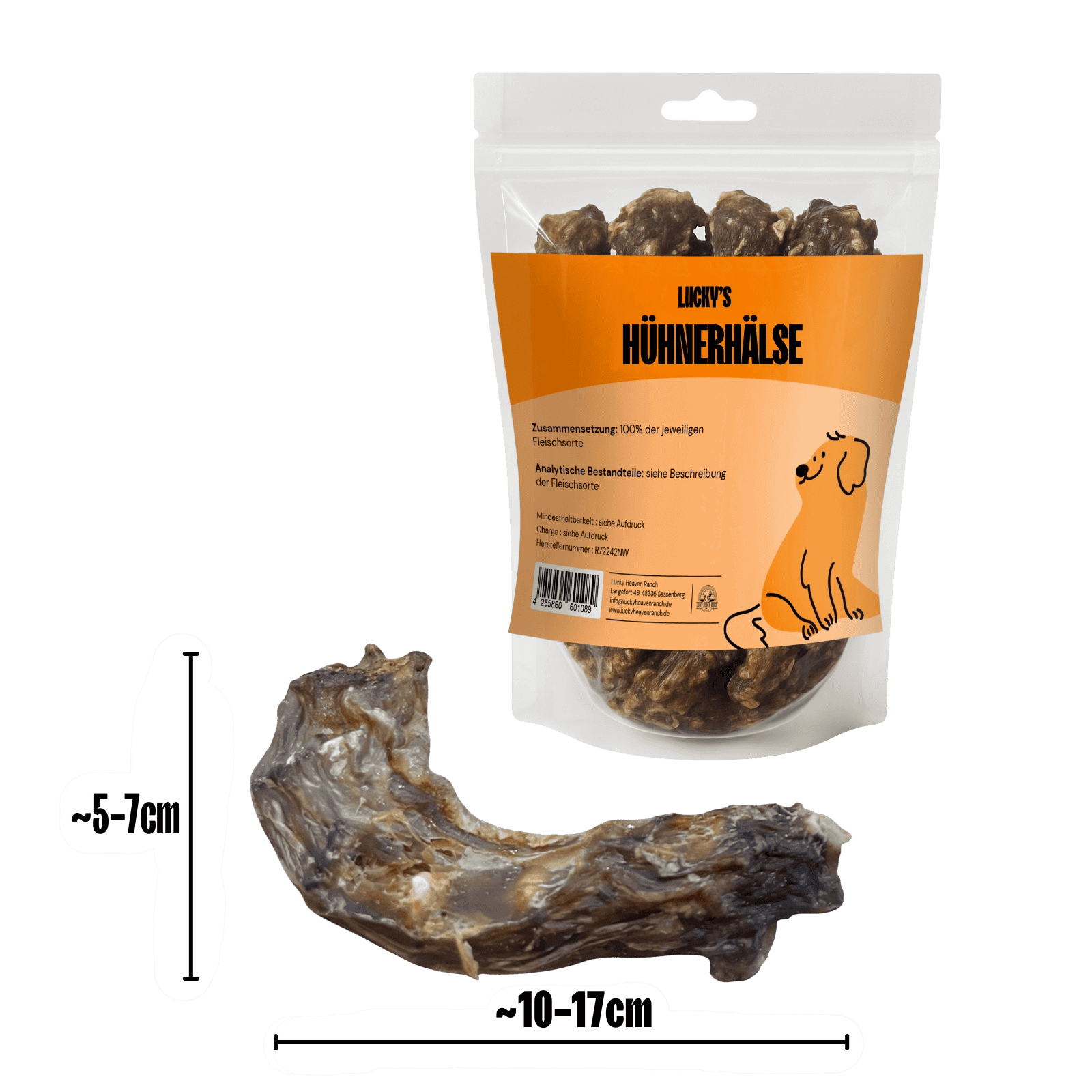 Hühnerhals Original Verpackung, im Vordergrund ein Hühnerhals inclusive Abmessungen