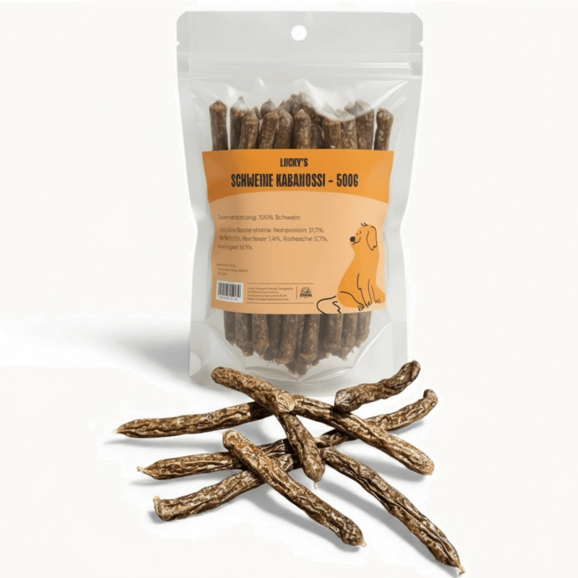 Kabanossi Schwein Original Verpackung und Produkt im Vordergrund 