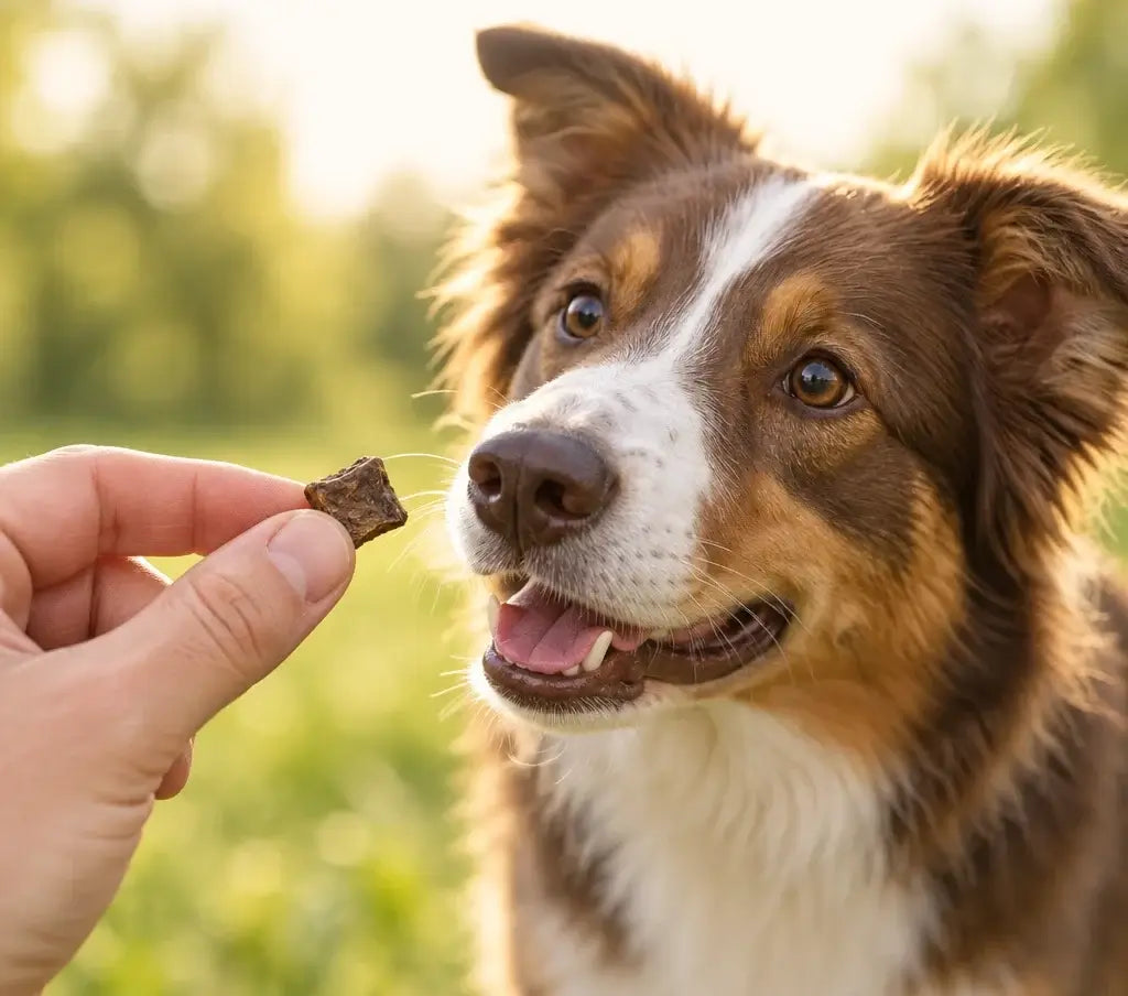 Ein Hund freut sich auf seine Kaninchenwürfel