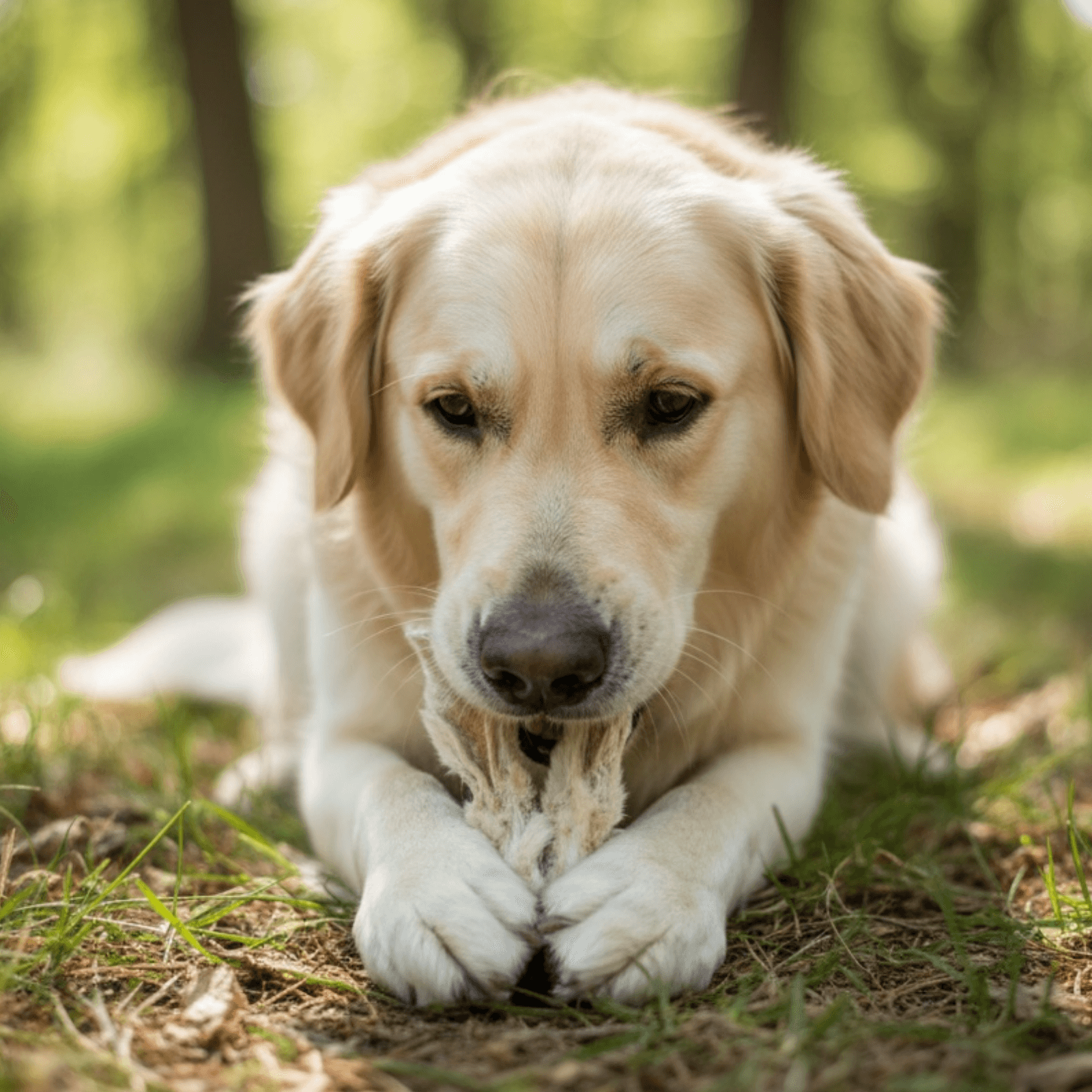 Hund mit Kaninchenohren mit Fell im Grün kauend, natürlicher Kauartikel für Hunde