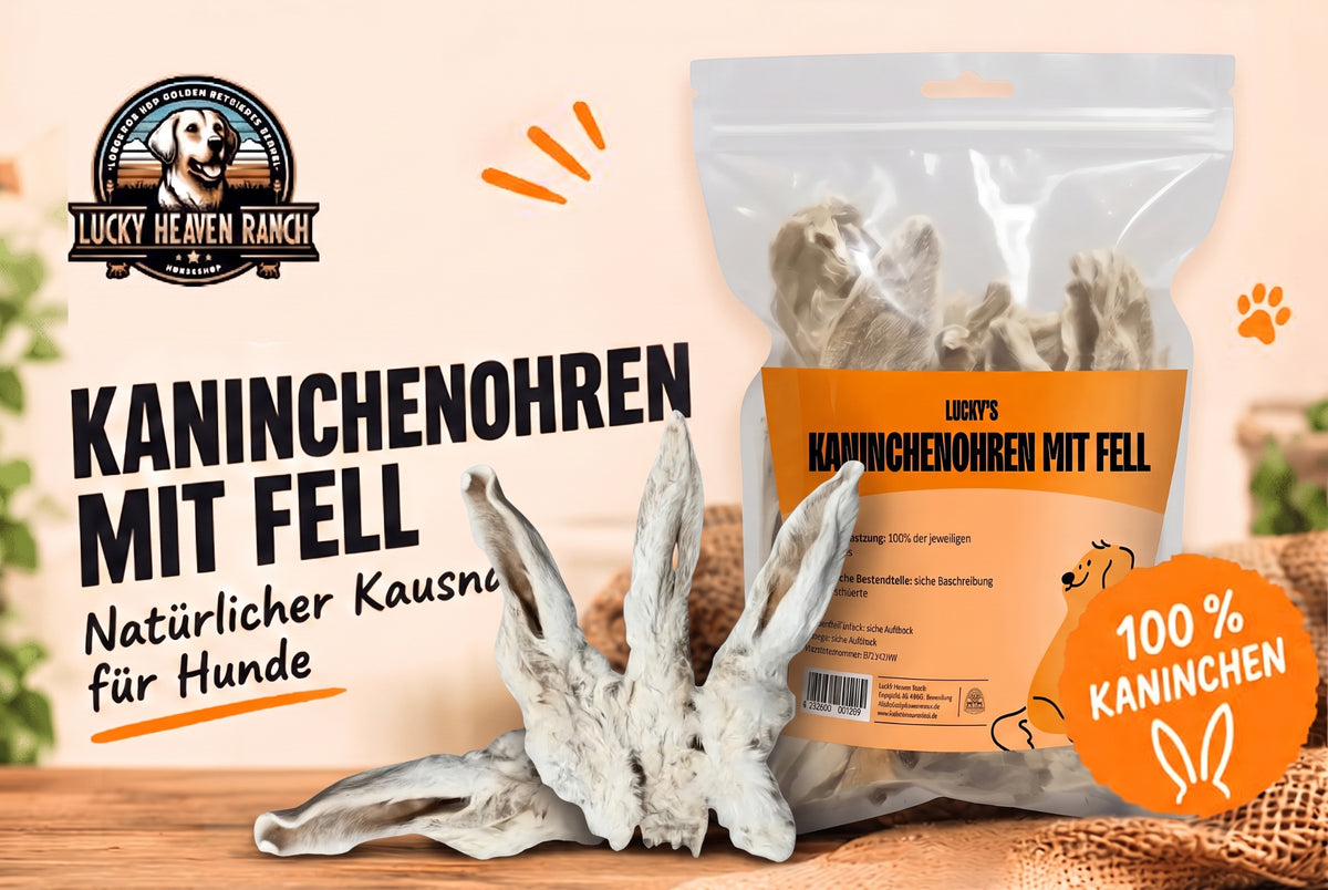 Kaninchenohren mit Fell für Hunde von der Lucky Heaven Ranch, natürlicher Kausnack