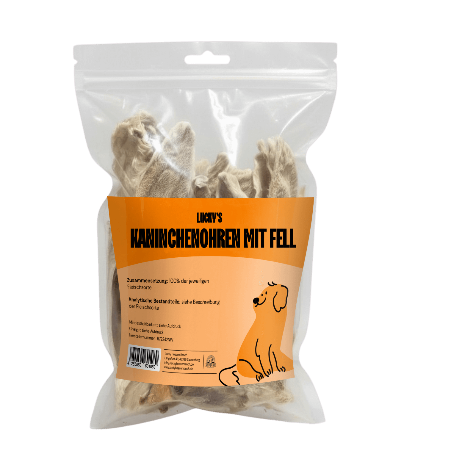 Kaninchenohren mit Fell in transparenter Verpackung – natürlicher Kauartikel für Hunde.