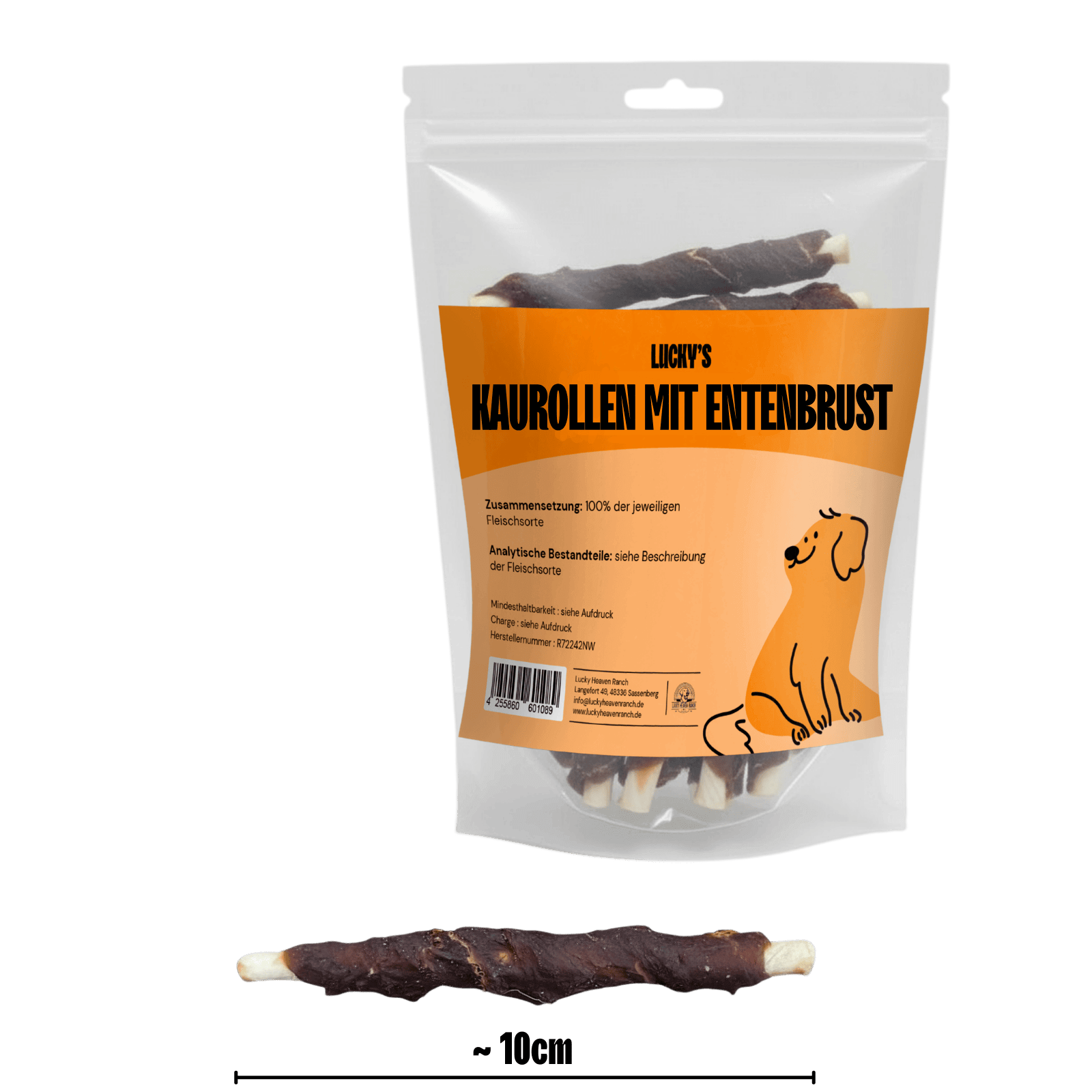 Kaurolle mit Entenbrust Abmessungen und Originalverpackung  – Kauartikel für Hunde, getrocknete Rinderkaurolle mit Entenbruststreifen im Bild.