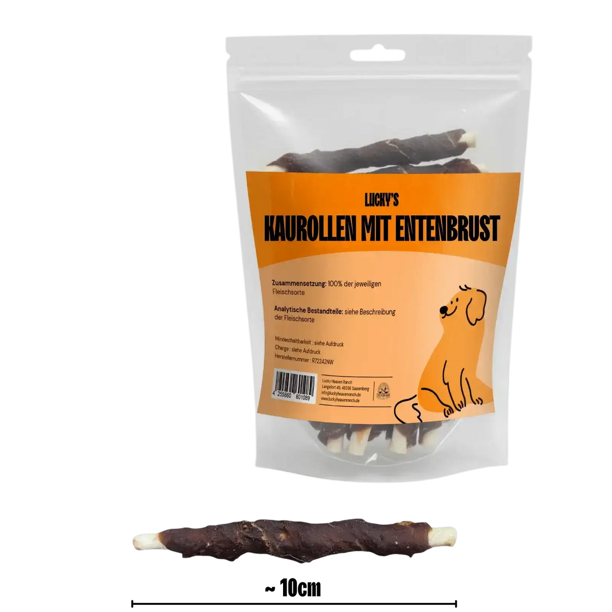 Kaurolle mit Entenbrust Abmessungen und Originalverpackung  – Kauartikel für Hunde, getrocknete Rinderkaurolle mit Entenbruststreifen im Bild.