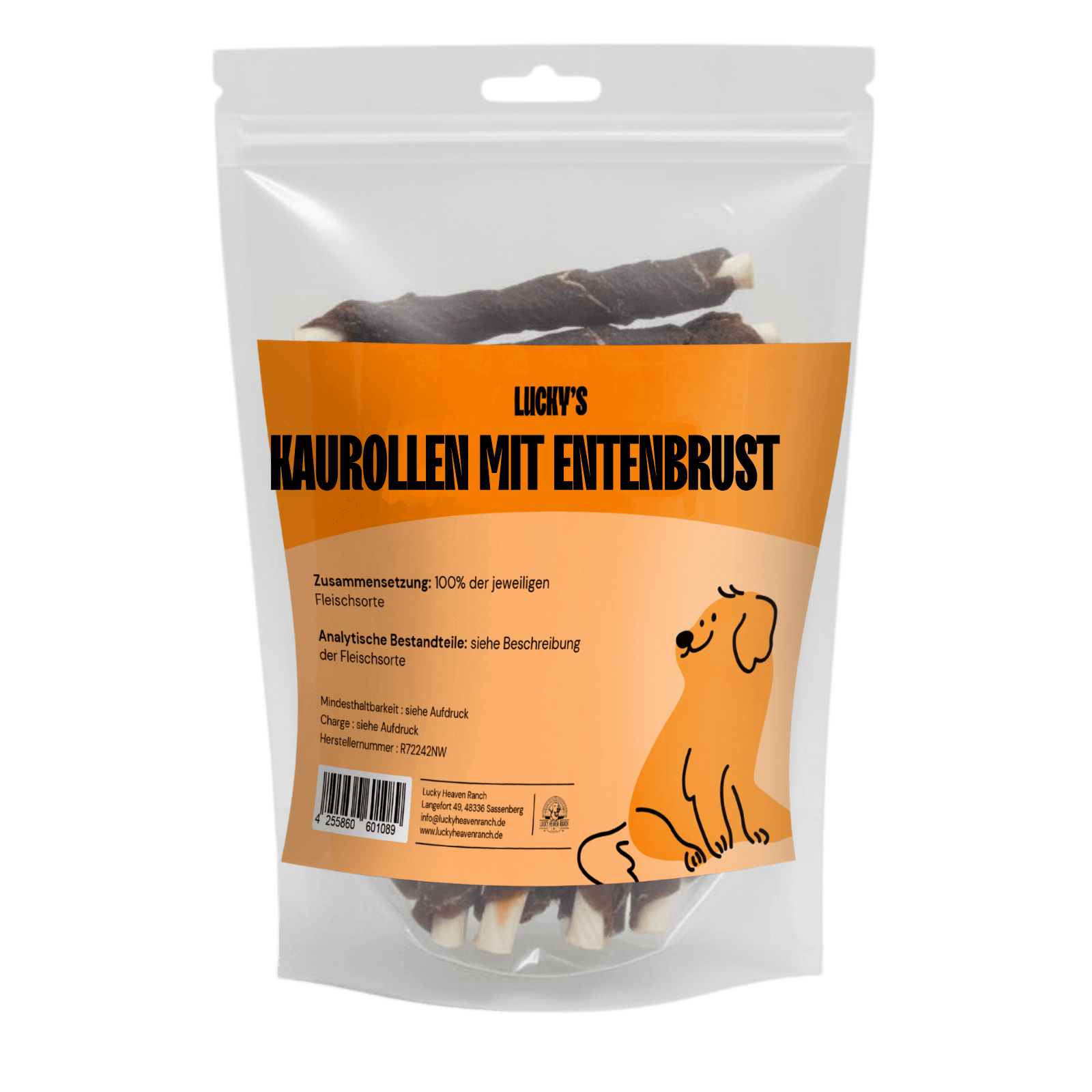 Kaurolle mit Entenbrust in Originalverpackung – Kauartikel für Hunde, getrocknete Rinderkaurolle mit Entenbruststreifen im Bild.