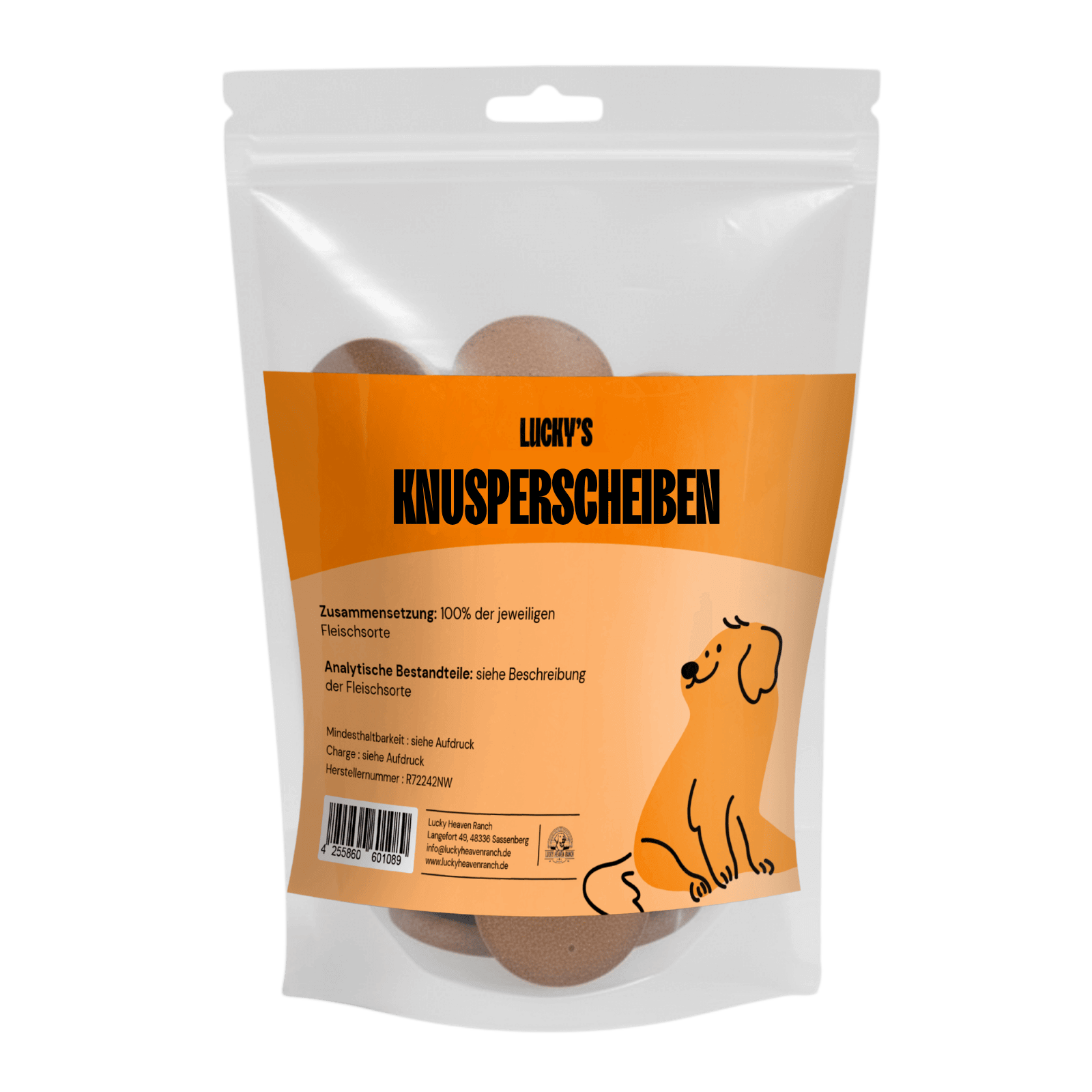 Hundekauartikel Knusperscheiben, getrocknete Hundewurst in Scheiben geschnitten, 97% Muskelfleisch in Original Verpackung 