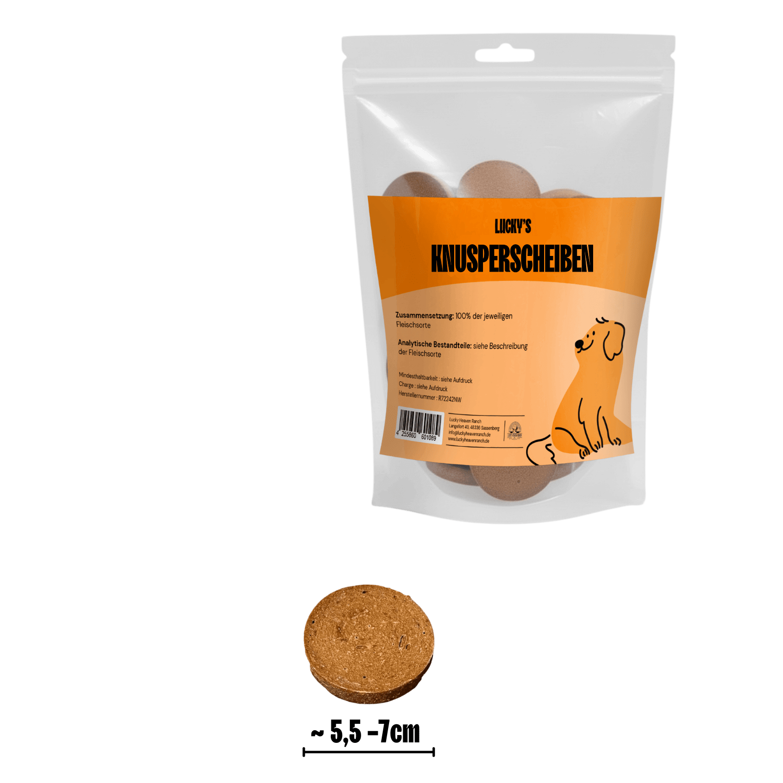 Knusperscheiben Hunde-Kauartikel Original Verpackung und Größenangaben