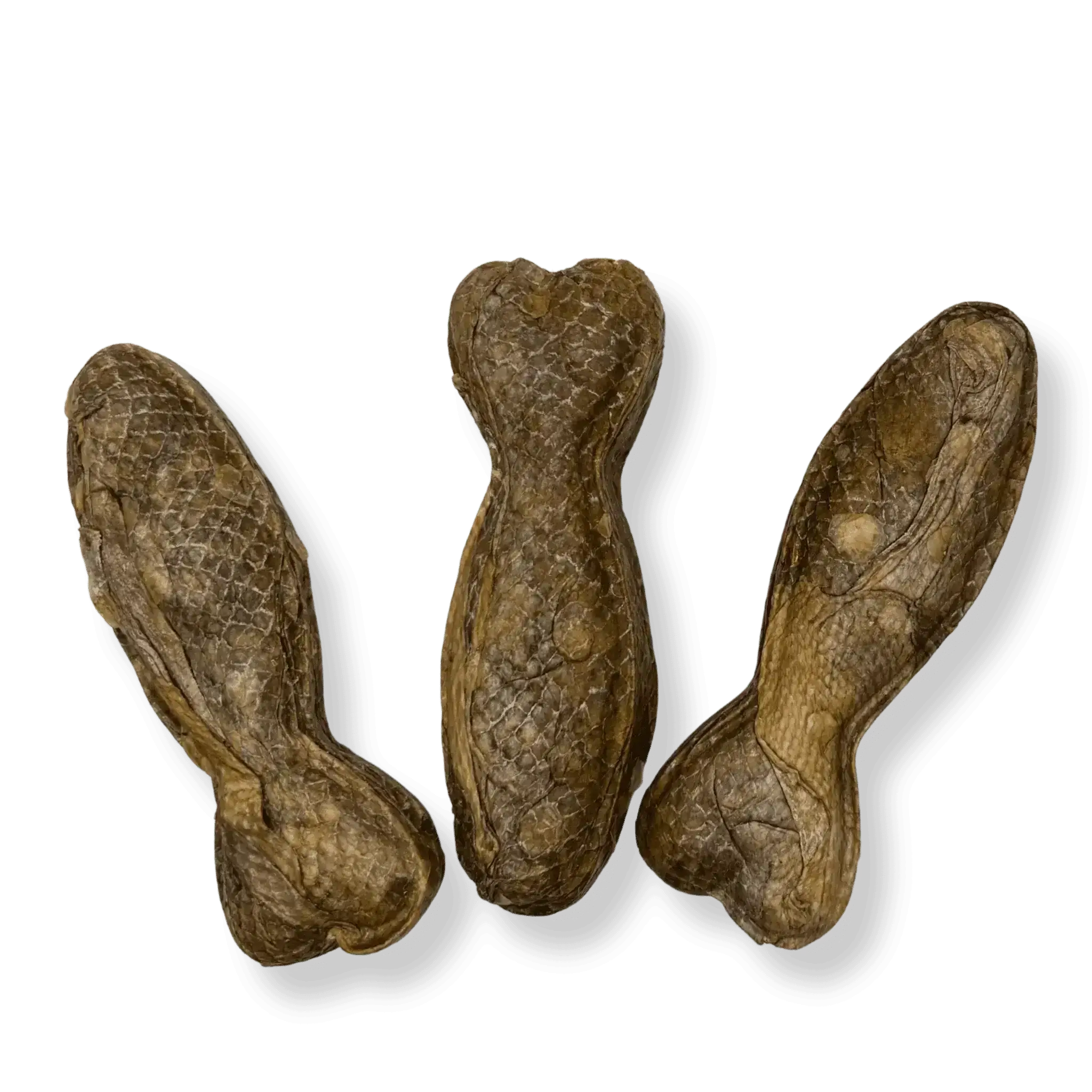 Drei natürliche Hundesnacks aus getrockneter Lachshaut in Form von kleinen Fischen nebeneinander⁠