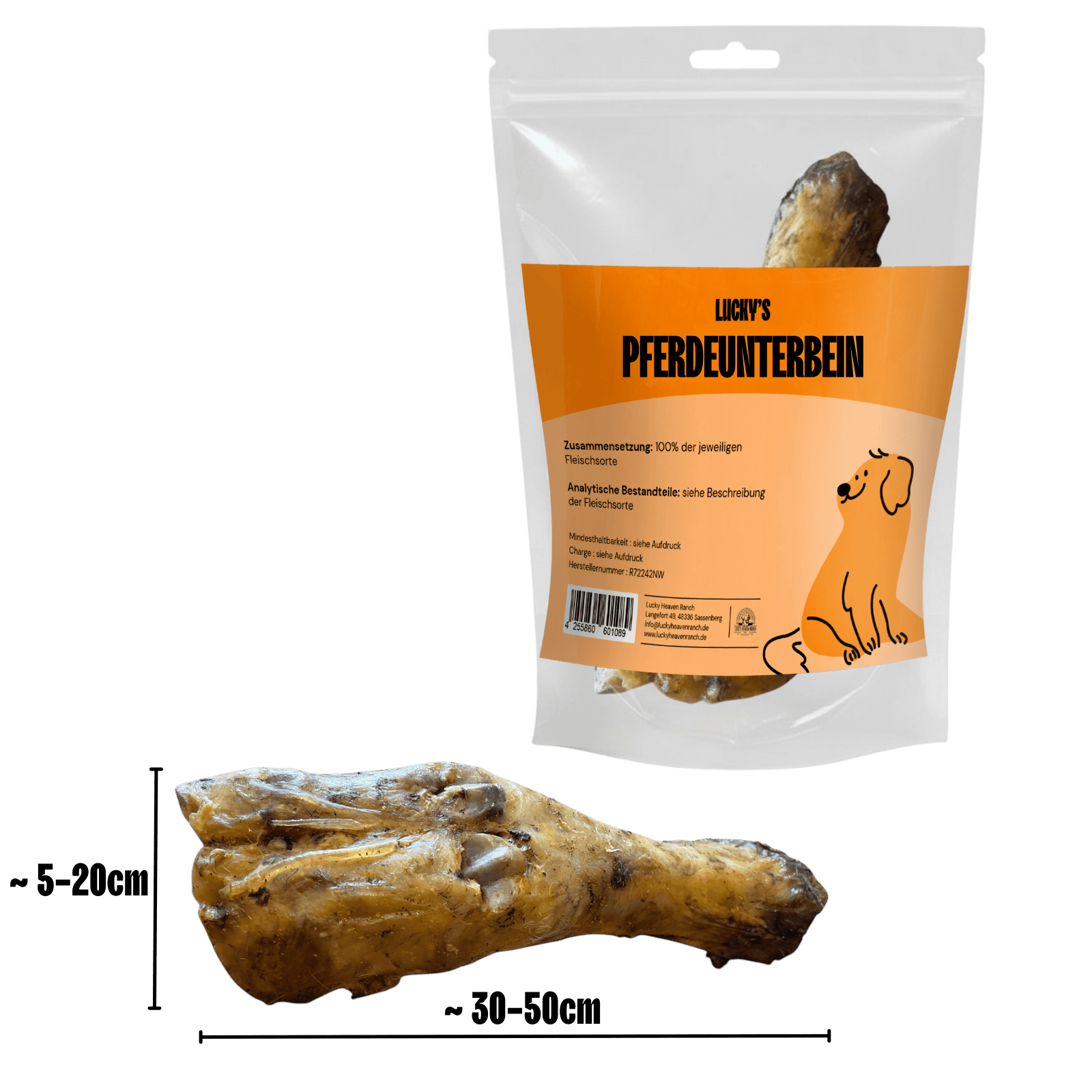 Pferde Unterbein Kauartikel für Hunde mit Maßangaben – Produktdarstellung mit Originalverpackung