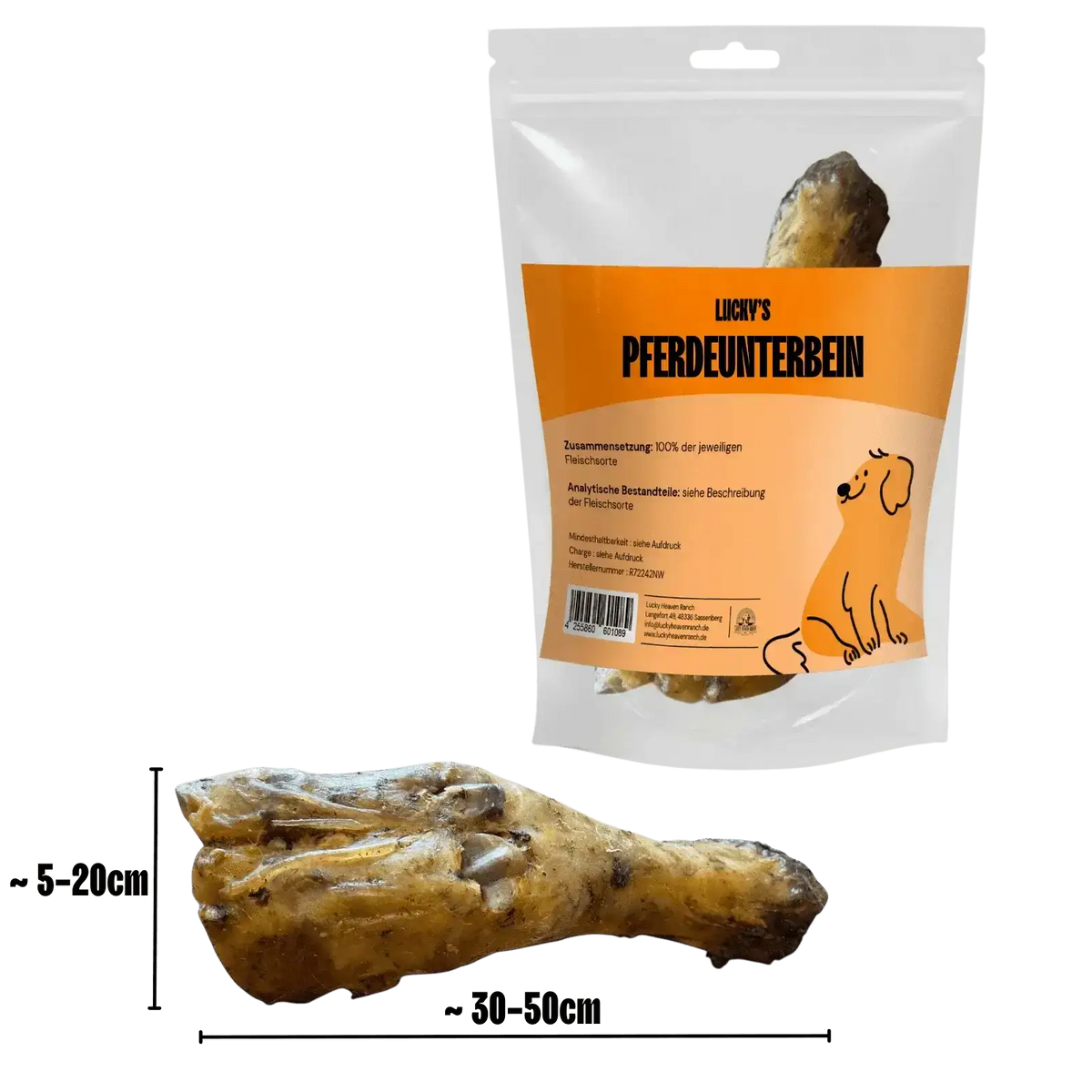 Pferde Unterbein Kauartikel für Hunde mit Maßangaben – Produktdarstellung mit Originalverpackung