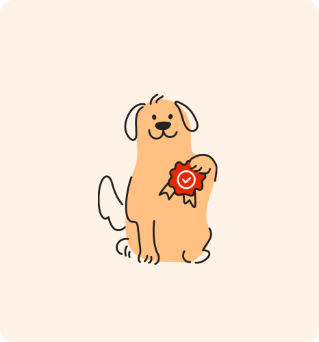 Glücklicher Hund hält eine Auszeichnung mit Herz, symbolisiert Kauartikel und Leckerli und Platinum Hundefutter