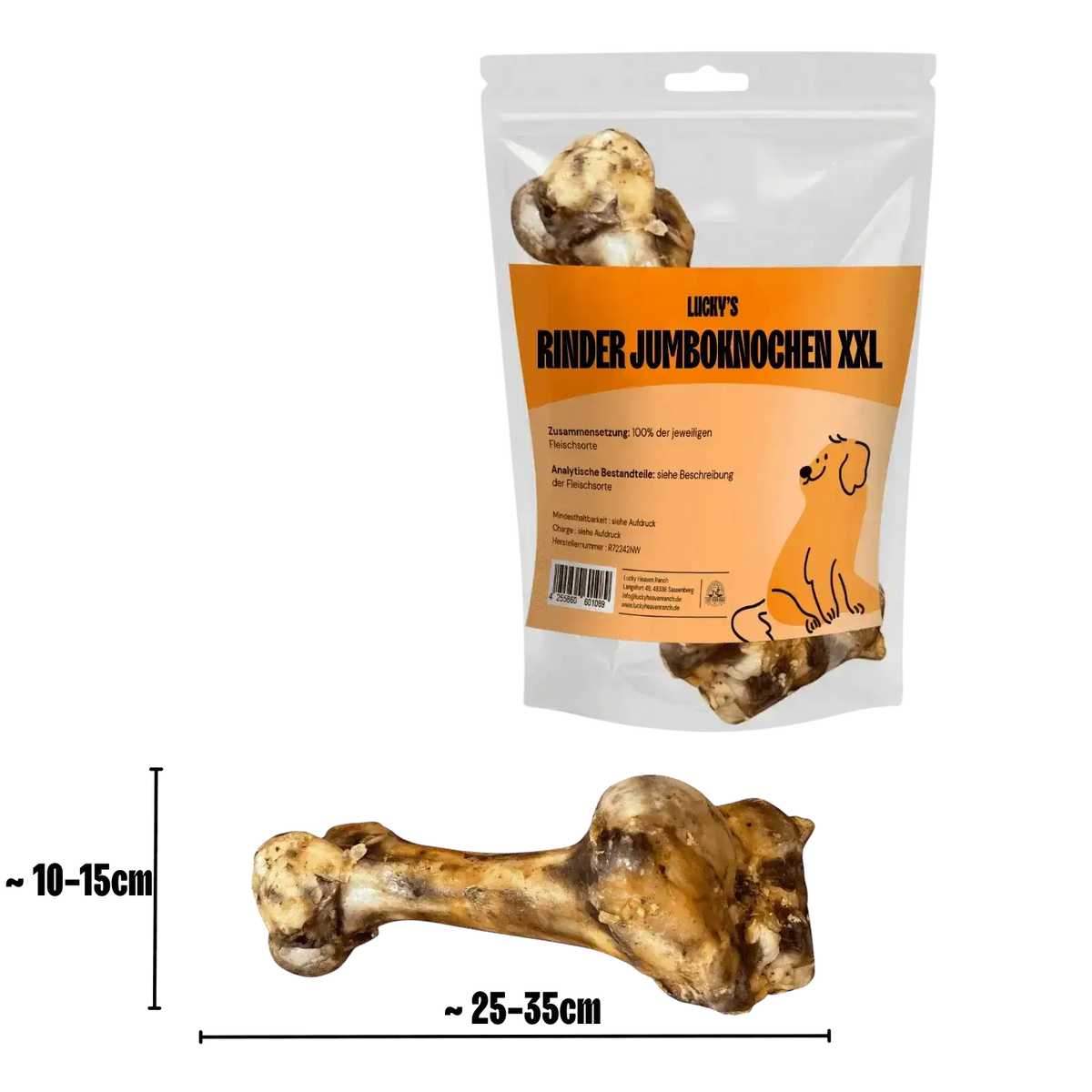 Rinder Jumboknochen XXL mit Abmessungen in Originalverpackung – Kauartikel für Hunde