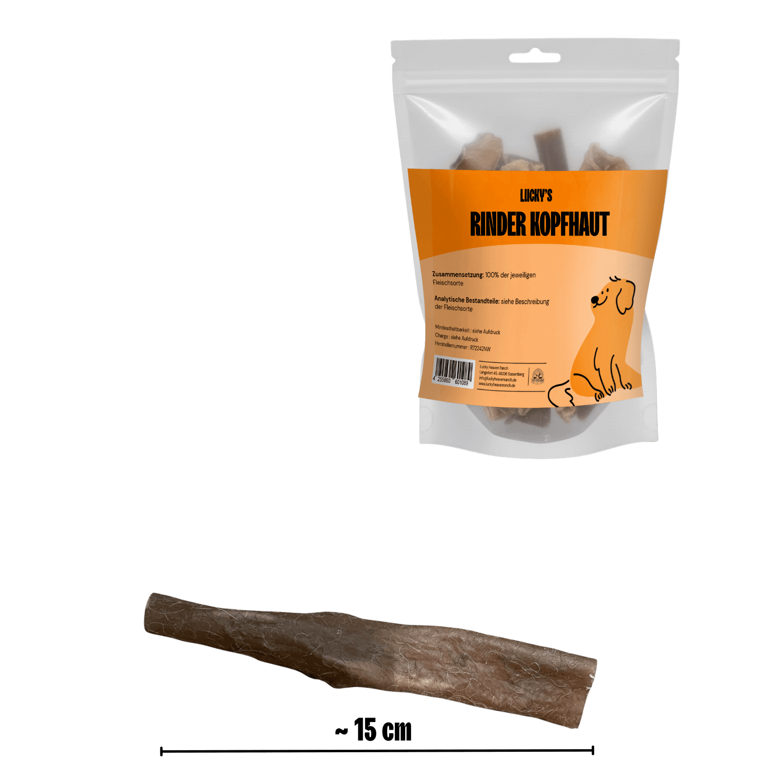 Rinderkopfhaut in Originalverpackung mit Abmessungen – Kauartikel für Hunde