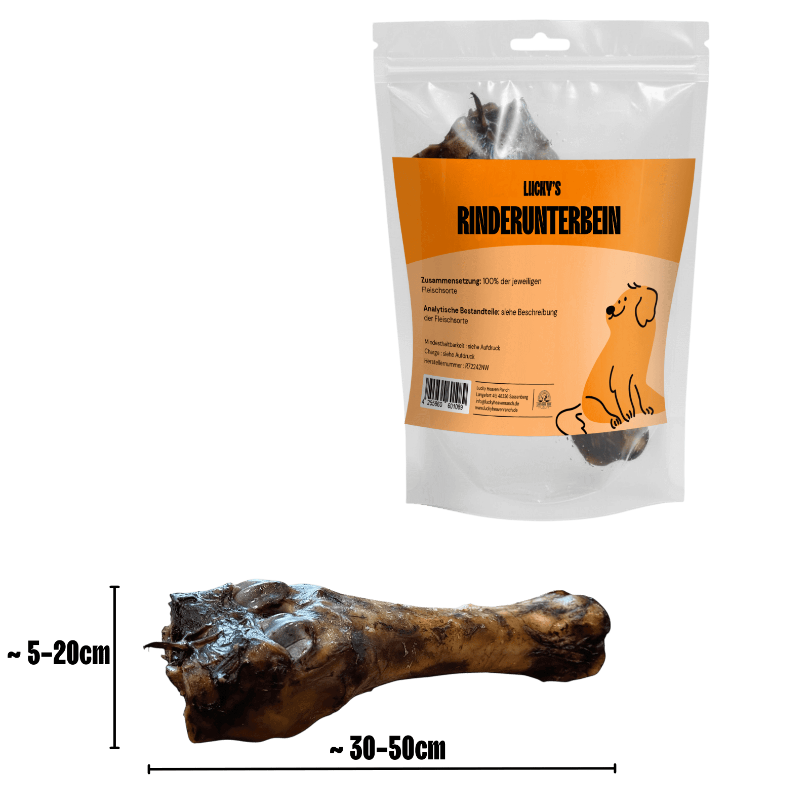 Rinderunterbein Kauartikel für Hunde mit Maßangaben – Produktverpackung und Größenübersicht
