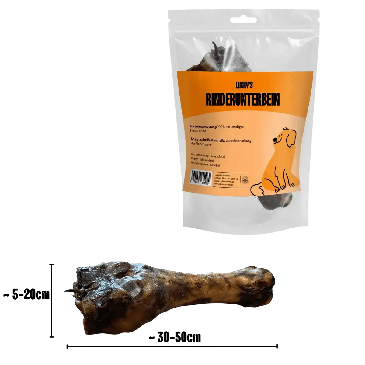 Rinderunterbein Kauartikel für Hunde mit Maßangaben – Produktverpackung und Größenübersicht