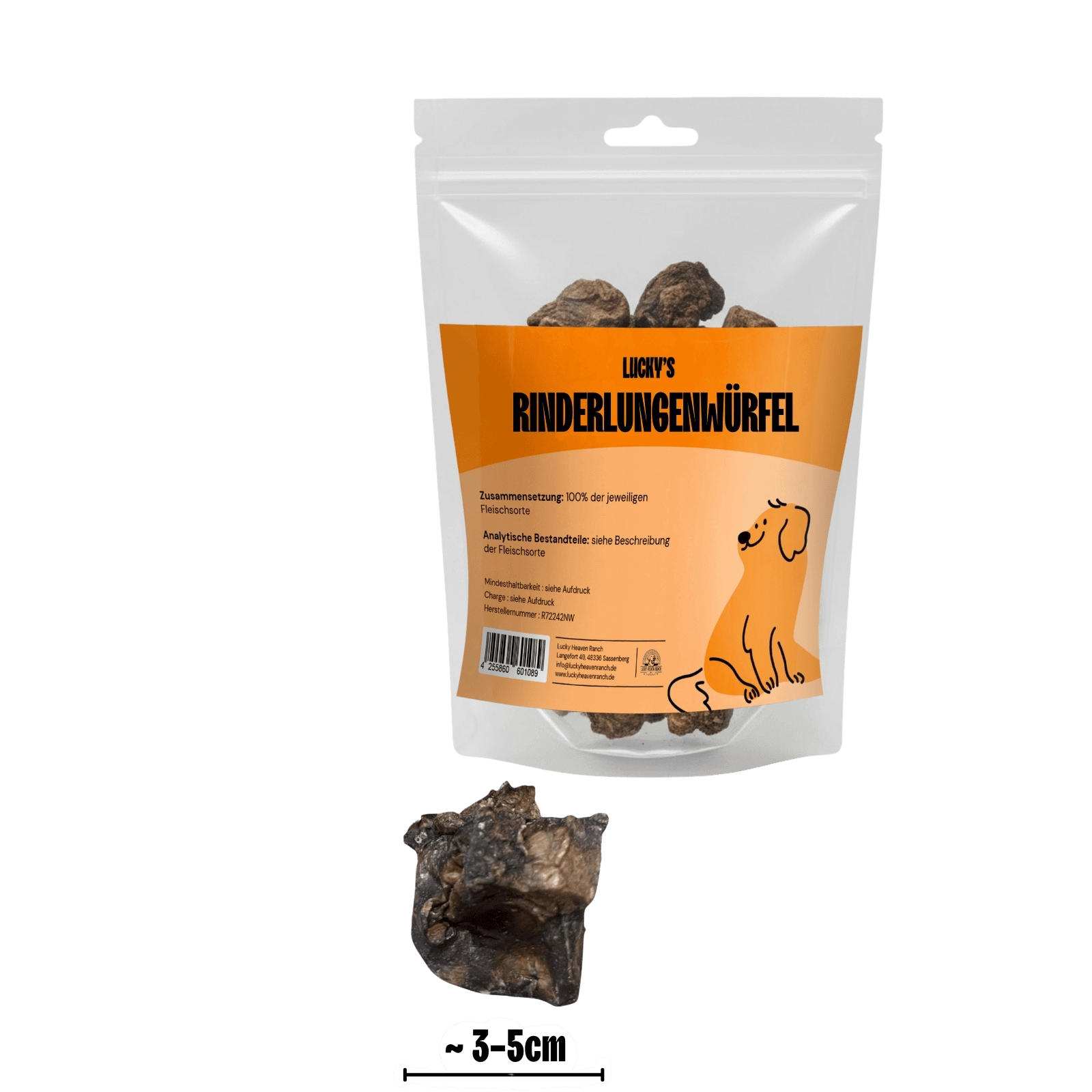 Rinderlungenwürfel mit Größenangabe in Originalverpackung – Hundesnack