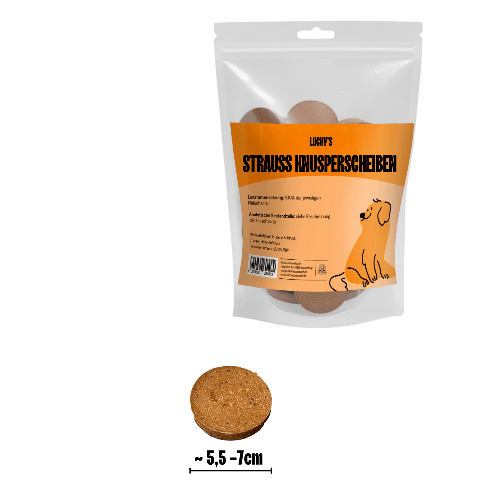 Strauss Knusperscheiben in Original Verpackung, darunter eine einzelne Knusperscheibe mit darunter stehenden Abmessungen
