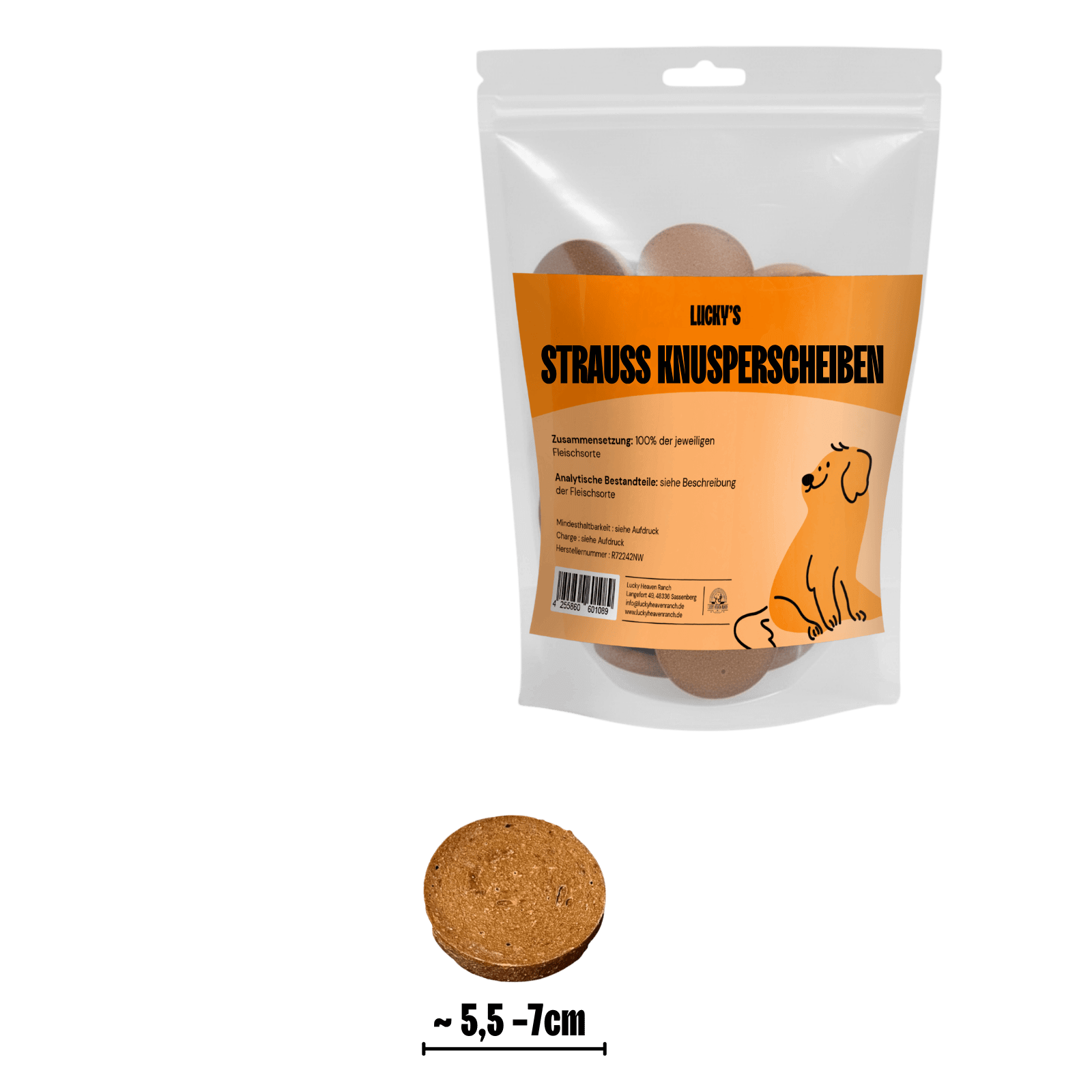 Strauss Knusperscheiben in Original Verpackung, darunter eine einzelne Knusperscheibe mit darunter stehenden Abmessungen
