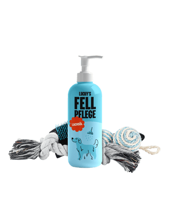 Dog grooming product bottle with blue label next to chew toys for pets.