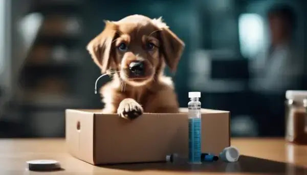 Allergietest für Hunde: Welpe in einer Box mit Testkit für Allergien in der Tierarztpraxis.