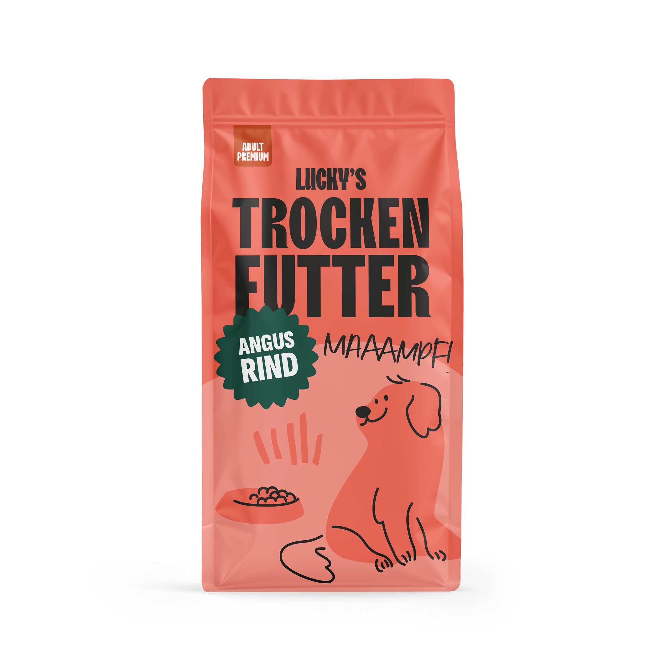 Angus Rind mit Karotte, grünen Bohnen, Blumenkohl, Tomate, Zucchini - hochwertiges Hundefutter in der Verpackung.