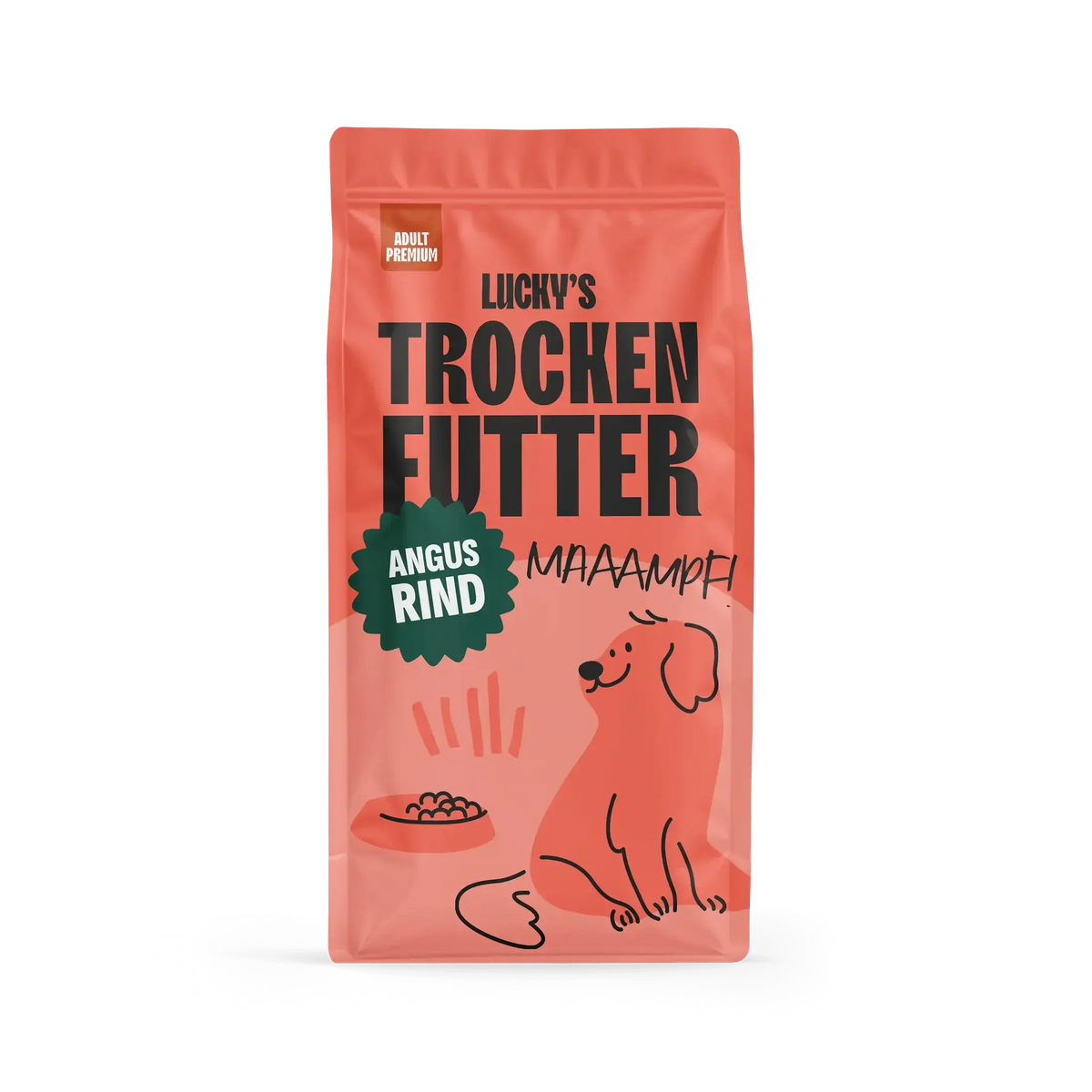 Angus Rind mit Karotte, grünen Bohnen, Blumenkohl, Tomate, Zucchini - hochwertiges Hundefutter in der Verpackung.